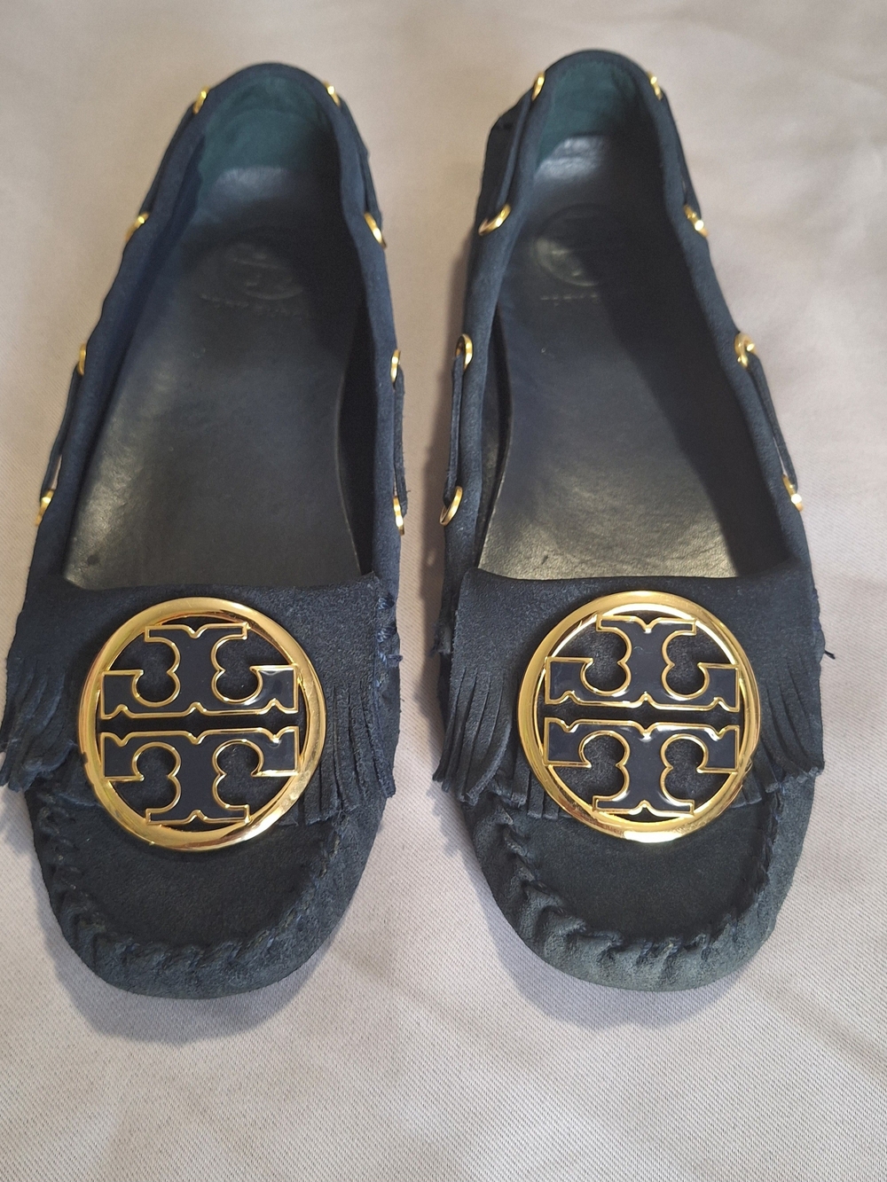 Tory Burch Alexandra Navy Blue Suede Moccasin Flats Slip-On Logo Women's Size 7M